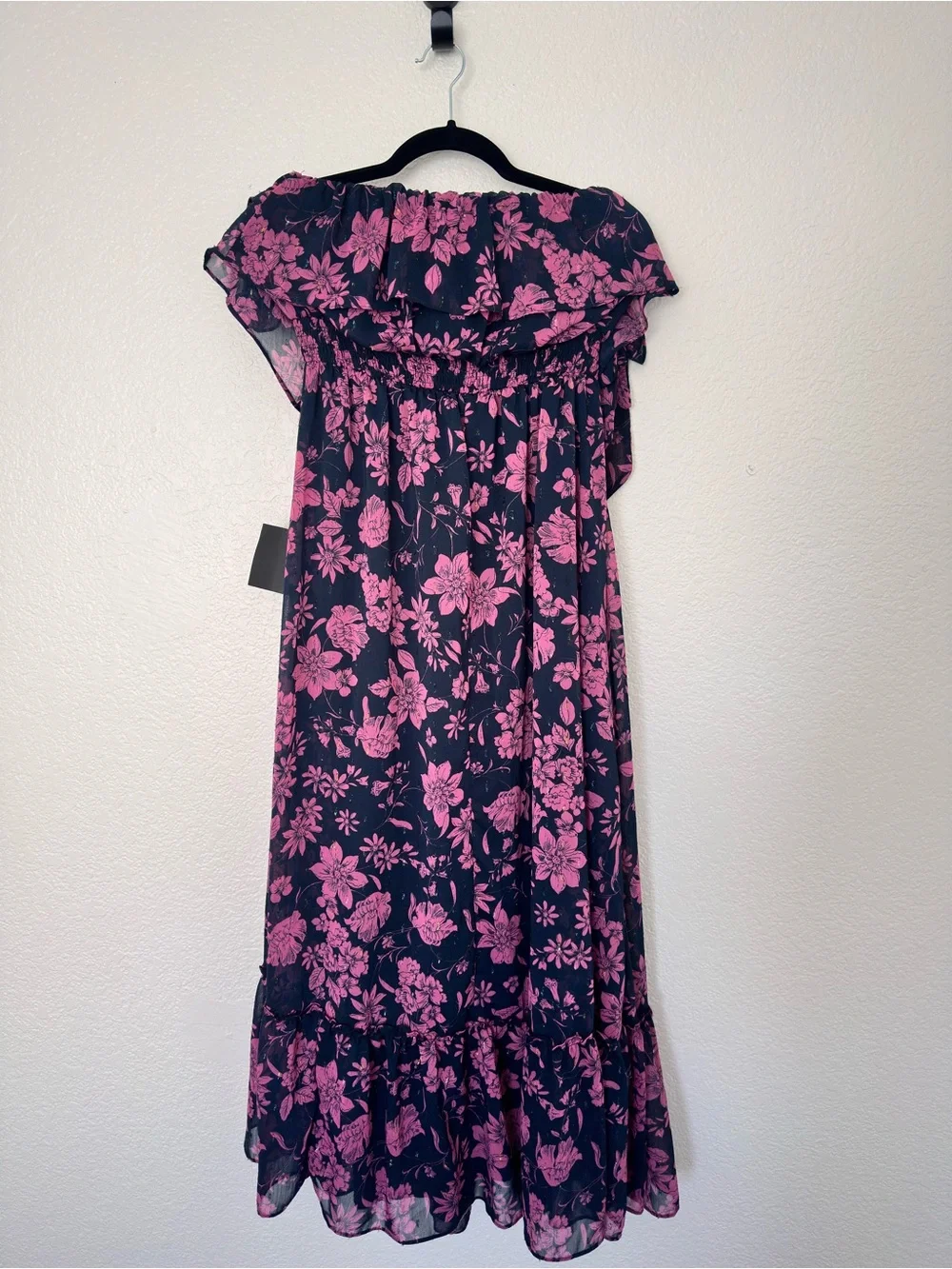 Lulu's Off the Shoulder Maxi Dress in Navy Blue with Pink Floral Print